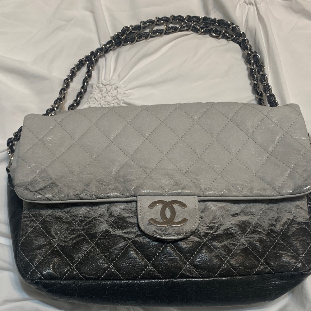 Chanel Quilted Gray and Black Shoulder Bag